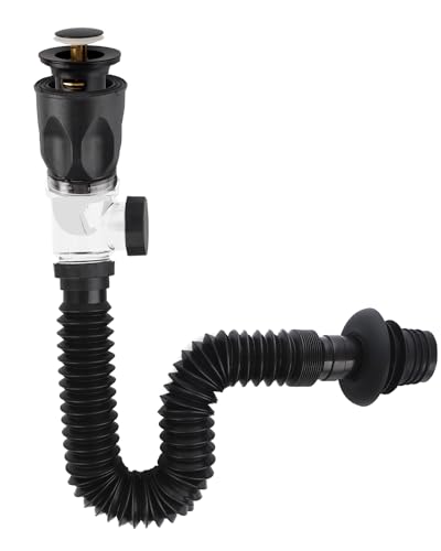 Hibbent Kit de Desagüe de Fregadero, Desagüe de Lavabo Universal Pop Up Click Clack con Tubo de Desagüe Flexible, Juego de Desagüe para Fregadero de Cocina de Baño, a Prueba de Olores y Fugas -Negro