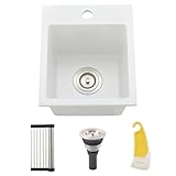 BoomHoze 13x15 Inch Drop In Bar Sink, White Granite Composite Quartz Drop In Sink RV Wet Bar Prep Sink Quartz Topmount Single Bowl Kitchen Basin with Small Rubber Squeegee