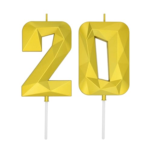 DERVENTA Large Gold 3D Number 20 Birthday Candle 3.7in Cake Topper 1 Piece