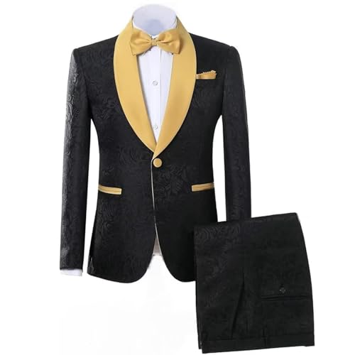 Men Wedding Suits Jacquard Groom Tuxedos One Button Gold Shawl Lapel Formal Best Man Blazer Pant