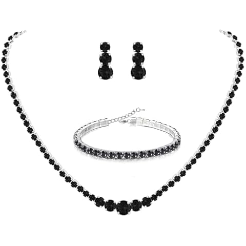 UDYLGOON Crystal Bridal Jewelry Set Tennis Earrings Necklace Bracelet Set for Women Bride Bridemaid Prom Wedding Accessories (Black) Cover
