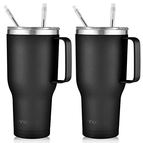 mininoo 40oz Insulated Tumbler With Lid and Straws, Stainless Steel Double Vacuum Leak Proof Coffee Tumbler With Handle(2 pack) Black 2pack 40 OZ