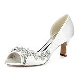 TNMIUH Damen Peep Toe Satin Kitten Heels Glitzernde Strass Abendschuhe Slip On Hochzeitsschuhe Brautschuhe,Elfenbein,39 EU