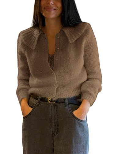 Watashi Women Long Sleeve Sweater Casual Ruffle Collar Knit Cardigan Button Up Fluffy Fall Sweaters Top