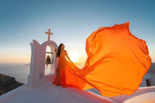 V Neck Infinity Long Flying Dress | Long Train Photoshoot Flowy Dress | Satin Santorini, Flying, Long Maxi Photography Baby Shower for Women Orange2