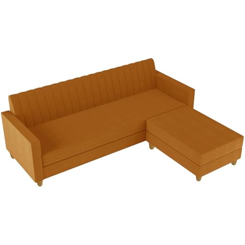 Image of Rosebell 3 + 1 Wooden Four Seater - L Shape Convertible Sofa Set for Living Room Furniture, Modular Sectional Couch for Small Space, Upholstery-Velvet Fabric - Golden-Color