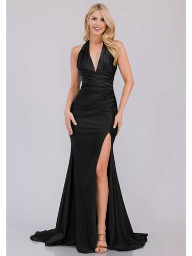 LAGSHIAN Women's Elegant V Neck Halter Backless Bodycon High Split Ruched Long Formal Evening Dress3