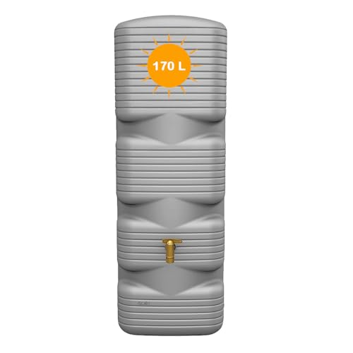 YOURSOL Quadro Wandtank 170 L Betongrau Komplett-Set Regentonne schmal mit Auslaufhahn & Fallrohrfilter Regenwasserbehälter Hauswand Regenfass