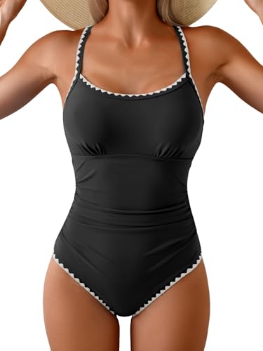 Image of Eomenie Women's One Piece Swimsuit Tummy Control Slimming Bathing Suit Ruched Swimwear Tie Back Shell Stitch Swim Suit