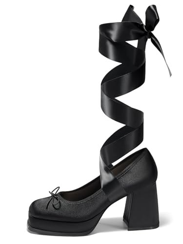 Coutgo Womens Lace Up Heels Platform Chunky High Heel Pumps Bow Closed Square Toe Party Ballet Dress Shoes thumb #3