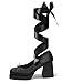 Coutgo Womens Lace Up Heels Platform Chunky High Heel Pumps Bow Closed Square Toe Party Ballet Dress Shoes Size 9.5 Black
