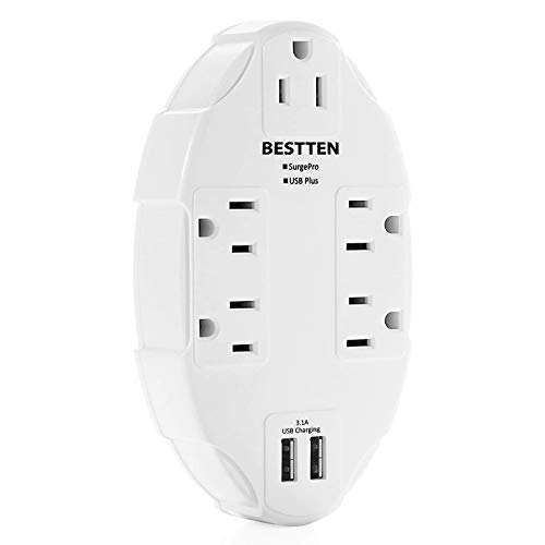 BESTTEN 3.1A Dual USB Wall Outlet Surge Protector, 5-Outlet Extender, 15A/125V/1875W, ETL Listed, White