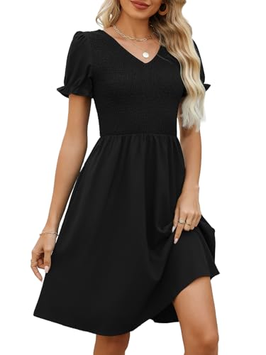 EeYu Dress for Women V-Neck Short Sleeves A-line Smocked EeYu Dress for Women V-Neck Short Sleeves A-line Smocked