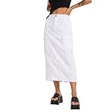 Faldas largas de mezclilla para mujer, falda de tubo de cintura alta, falda de mezclilla de longitud media con bolsillos cargo, Blanco, M