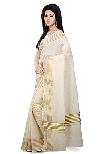Image of Women's Kerala Traditional Cotton Kasavu Saree with Running Blouse | Sari for Weddings, Festivals, Temple Visits, Onam Vishu & Regular Wear