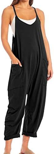 SeeLuNa Womens Casual Sleeveless Jumpsuits V-Neck Spaghetti Strap Wide Leg Romper Overalls Jumpsuit with Pockets(Black,M)