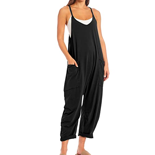 Seeluna Womens Casual Sleeveless Jumpsuits V-Neck Spaghetti Strap Wide Leg Romper Overalls Jumpsuit With Pockets(Black,M) #TOP3