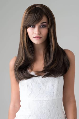 Perruque longue châtain chocolat cheveux méchés blonds coupe rasoir #8H27