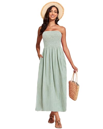 Image of Capuffy Women Strapless Boho Maxi Dress Sleeveless Tube A Line Summer Sundress with Pockets Flowy Swing Beach Dress 33
