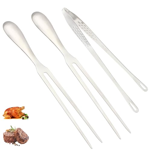 2 Fleischgabel Edelstahl Set zum Grillen & Tranchieren - 27cm Tranchiergabel & 24cm Grillpinzette - Premium Qualität Rostfrei für 20 Jahre Spülmaschinenfest Ergonomisches Design Camping