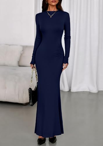 PRETTYGARDEN Fall Dresses for Women 2025 Long Sleeve Bodycon Mock Neck Ruched Maxi Formal Cocktail Wedding Guest Dress2