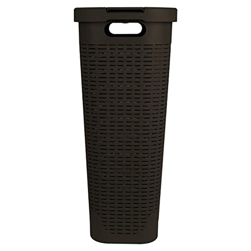 Mind Reader 40L Slim Laundry Hamper, Clothes Basket, Lid, Wicker Design, Plastic, 18"L x 10.4"W x 23.5"H, Brown