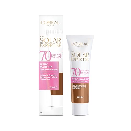 L'Oréal Paris Solar Expertise Efeito Makeup FPS 70, Protetor Solar Facial com Cor e Alta Cobertura de Base por 12H, Previne Rugas e Manchas, Cor 5.0, 40g