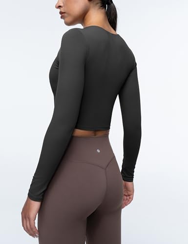 Womens Long Sleeve Shirts Workout Crop Tops Yoga Tee Built in Bra Mild Support Cream Feeling Athletic Top U-Neck3