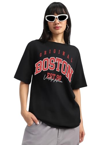 Image of JUNEBERRY Round Neck Drop Shoulder Round Neck Black & White Graphic Printed Pure Cotton Oversized Baggy Fit Half Sleeve T-Shirt for Women & Girls (Sizes: S to 2XL)
