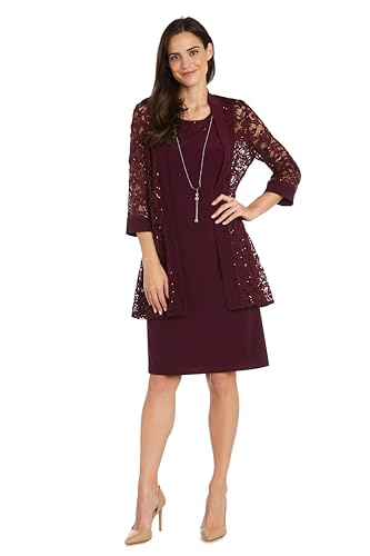 Image of R&M Richards Women's Embellished Sequin Lace Jacket and Shift Dress with Necklace for Mother of the Bride & Cocktail Party