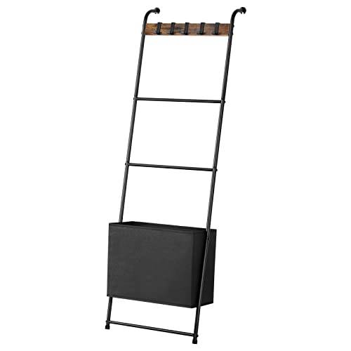 Metal Blanket Ladder Towel Rack Bathroom Towel Holder Wall Leaning Blanket Ladder With Storage Bin Decorative Ladder Rack For Pool Drying Bar For Towels Quilt Storage Organizer With Hooks, Black #TOP6