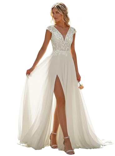 Lace Chiffon Wedding Dresses for Bride A Line Beach Bridal Dress with Train Long V Neck Ivory...
