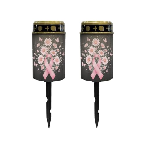 Image of Poceacles Solar Lights Outdoor Grave Candle for Cemetery Decoration Solar Outdoor Lights for Garden Lawn Backyard Pathway Decor, Pink Ribbon Daisy Butterfly Black, Set of 2