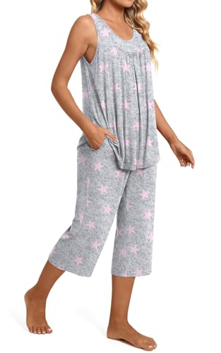 Image of TAOHUADAO Womens Summer 2 Piece Pajama Sets, Sleeveless Tops with Capri Pants, Lounge Ladies Pjs Sets with Pockets
