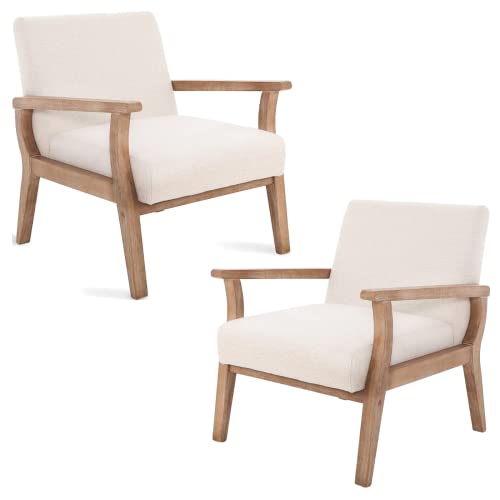 CIMOO Beige Accent Chair Set of 2 Mid Century Modern Living Room Armchair Wood Sitting Chair Linen Fabric Upholstered Side Chair for Bedroom Cream