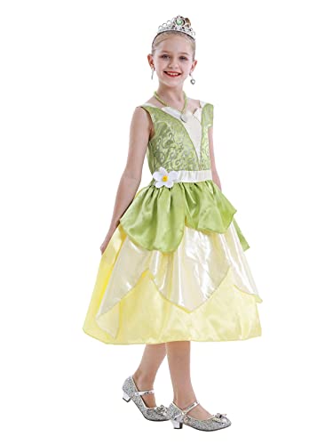 Cotrio Little Girls Green Fairy Tale Princess Tiana Dress Kids Birthday Party Fancy Dresses Halloween Costume Outfits Role Play Clothes Size 6 (5-6 Years, Green) #TOP6