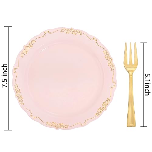 LIYH 100 Pcs Pink Gold Dessert Plates - 100 Pcs Gold Plastic Forks,Cake Plates Disposable with Forks, Appetizer Plates, Bridal Shower Party Plates for Birthday Wedding Party