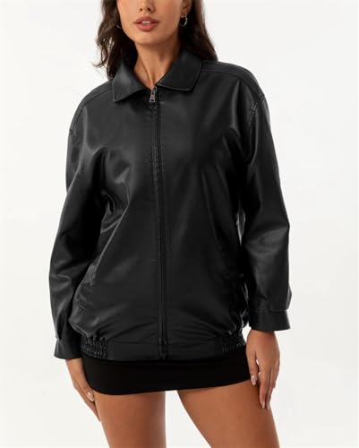 hathne Women's Oversized Leather Jackets Faux Zip Up Fall Fashion Motorcycle Jackets Coats Winter Clothes(Black,M)3