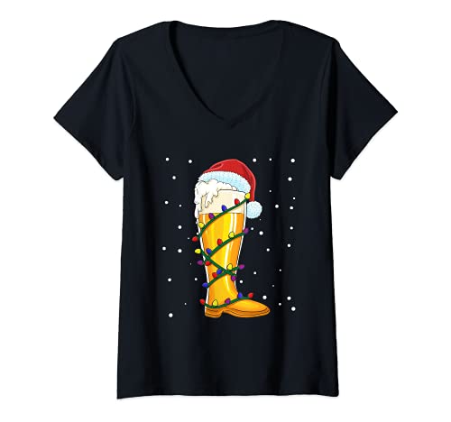 Femme Mon Noël de bottes de bière du Père Noël T-Shirt avec Col en V