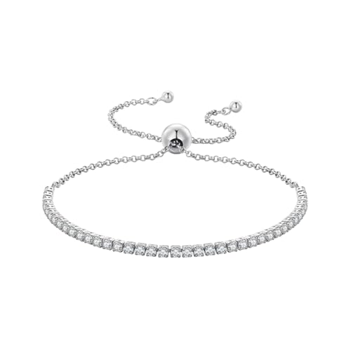 925 Sterling Silver Tennis Bracelet with Cubic Zirconia Stones, Adjustable-Size Bracelets for Women (With Elegant Box)