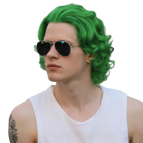 Becus Parrucca da uomo verde parrucca capelli ondulati corti, parrucca corta pagliaccio verde Halloween Cosplay party parrucca sintetica (verde)