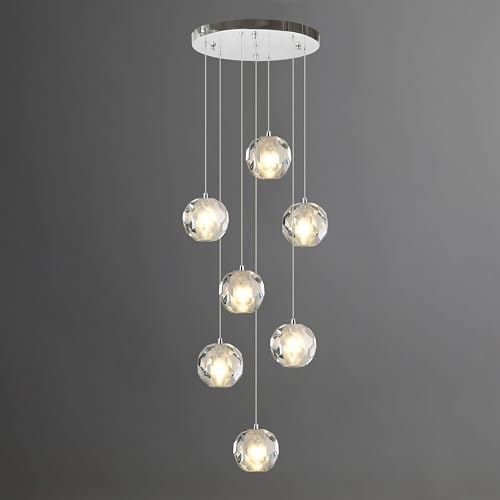 Camastar 7-Light Multi-facted Crystal Pendant Light Fixture, Cluster Pendant Chandelier Lighting in Chrome, Adjustable Hanging Island Light for Kitchen Dining Room Hallway