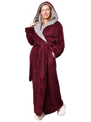 Image of Hellomamma Long Hooded Robe for Women Luxurious Flannel Fleece Full Length Bathrobe Winter Warm Pajamas Shower Nightgown