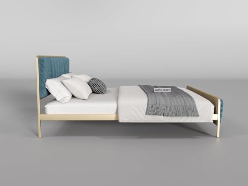 Image of Modern Upholstered Double Size Bed for Bedroom | Metal Double Bed | Platform Cot Bed with Upholstery Premium Fabric | 6.5 x 4 Ft | Powder Coated Metal Beds | Turquise