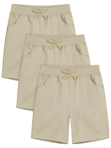 Resinta 3 Pack Girls School Uniform Bermuda Shorts Pull-on Cotton Chino Elastic Waist Soft Play Shorts with Pockets 5-13Y Khaki