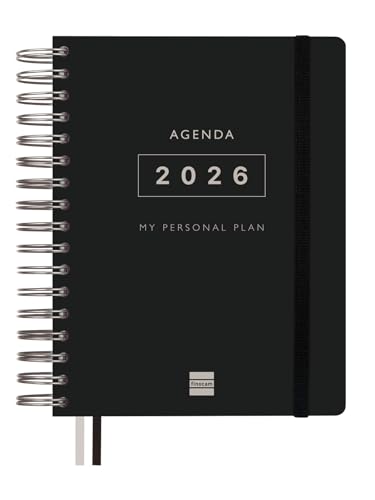 Finocam   Agenda 2026 1 Día Página | Enero   Diciembre (12 meses) | Agenda Anual 2026 con goma elástica y 2 cintas punto | Espiral Doble Tapa Dura Tempus   Negro   Español