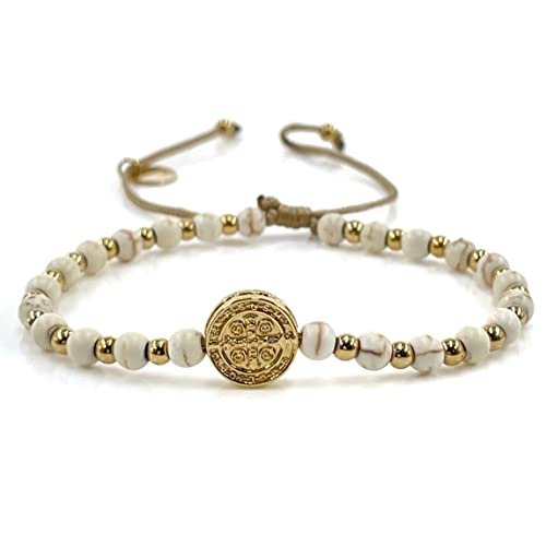 St Benedict Coin and Natural Round Red Coral Beads Adjustable Bracelet for Women2