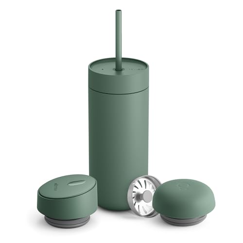 Fellow 16 oz Carter Bundle (3 in 1) Travel Mug with Slide-Lock, Move & Cold Lids with Straw - To-Go Coffee Tumbler, Ceramic Interior & Vacuum-Insulated Stainless Steel - Coffee Cups-Smoke Green