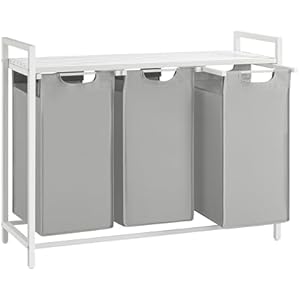 VASAGLE Laundry Hamper, Laundry Basket, Laundry Sorter with 3 Pull-Out and Removable Bags, Shelf, Metal Frame, 3 x 10.6 Gallons (40 L), 36.4 x 13 x 28.4 Inches, Dove Gray and Cloud White UBL