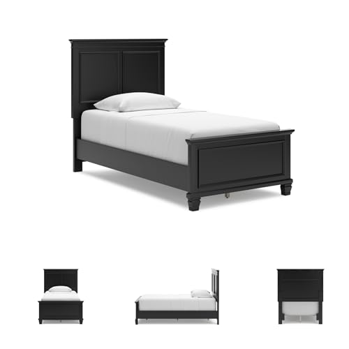 Image of Signature Design by Ashley Lanolee Twin Panel Bed, Black Kids Bed | Sturdy hardwood solids, birch veneer & MDF substrate, Elegant black framed panels, 5.75-inch under-bed space